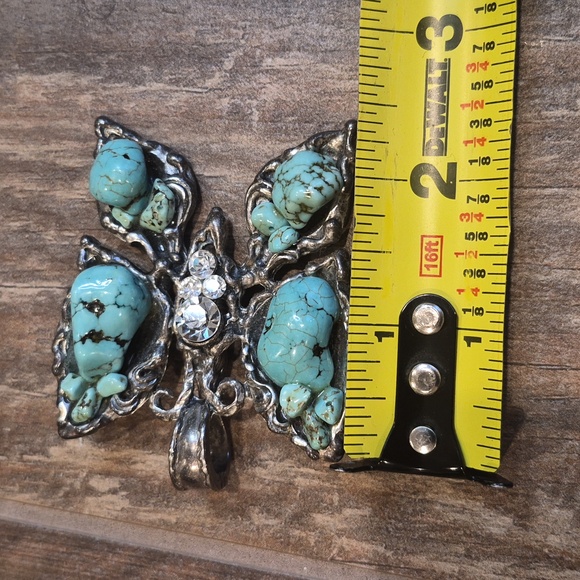 Vtg Turquoise & Rhinestone Embellished Silver Tone Butterfly Necklace Pendant - Picture 9 of 9